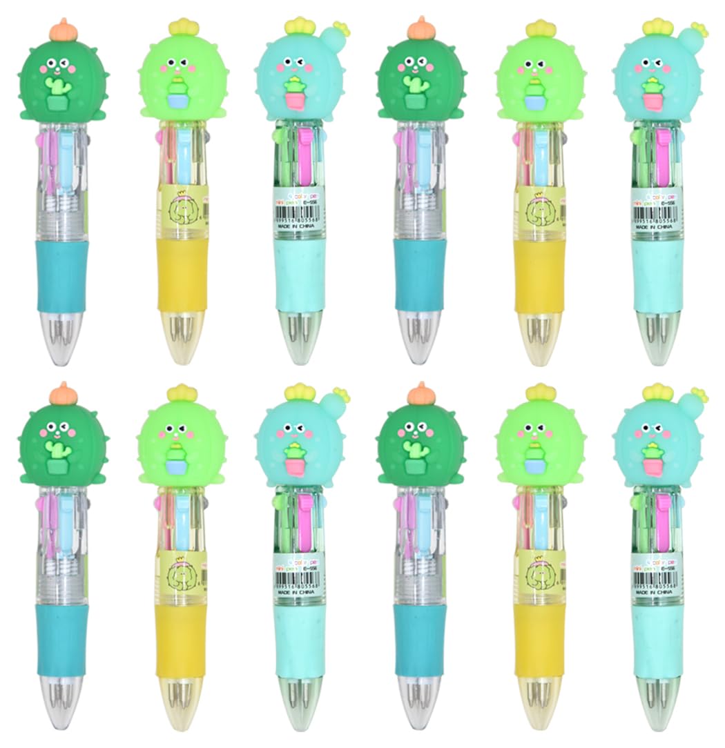 Ranvi 12 Cute Cactus Ballpoint Pens, 4 in 1 Retractable Multicolor Ballpoint Pens,for Office School Household Supplies