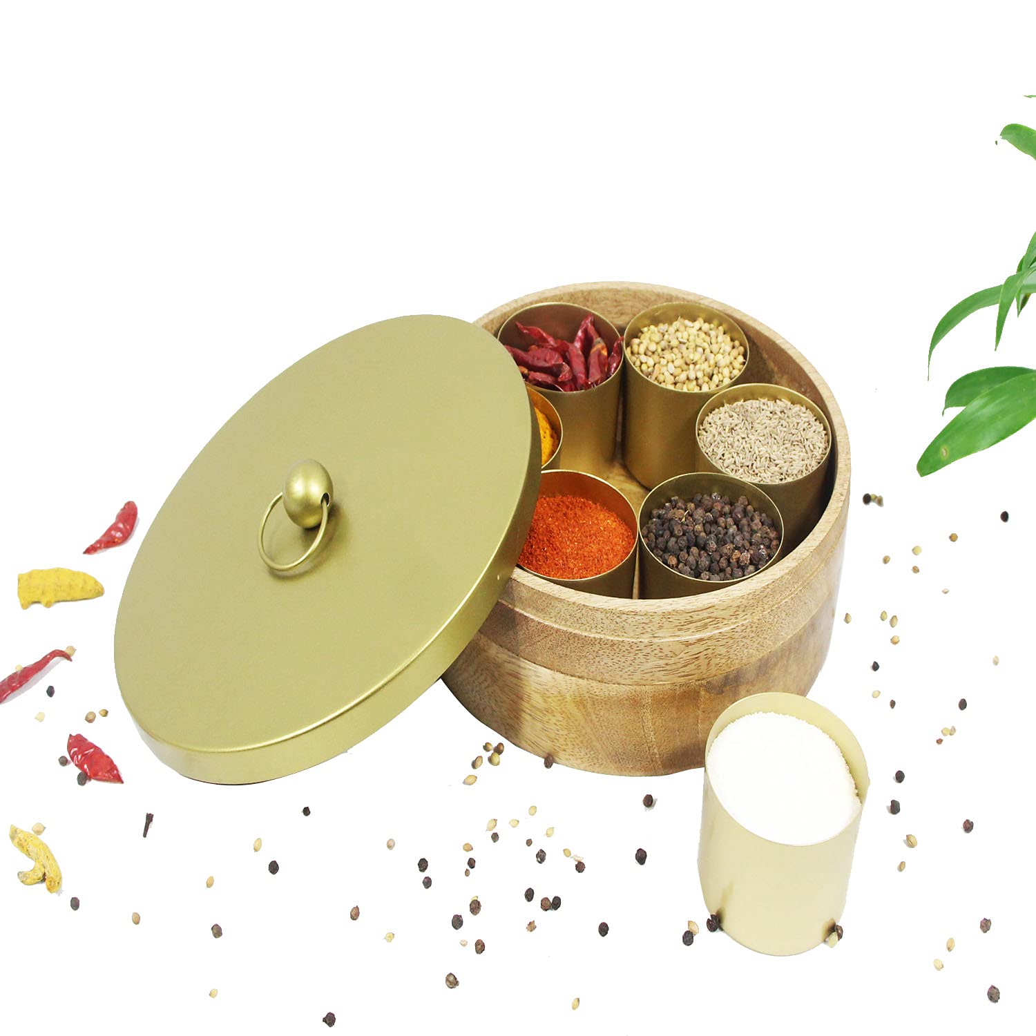 SATYA EXPORTS Mango Wood Masala Dabba Box | Spices Box for Kitchen | Mouth Freshener Box for Dining Table | Spice Jar Container with lid (Gold) Whit Express