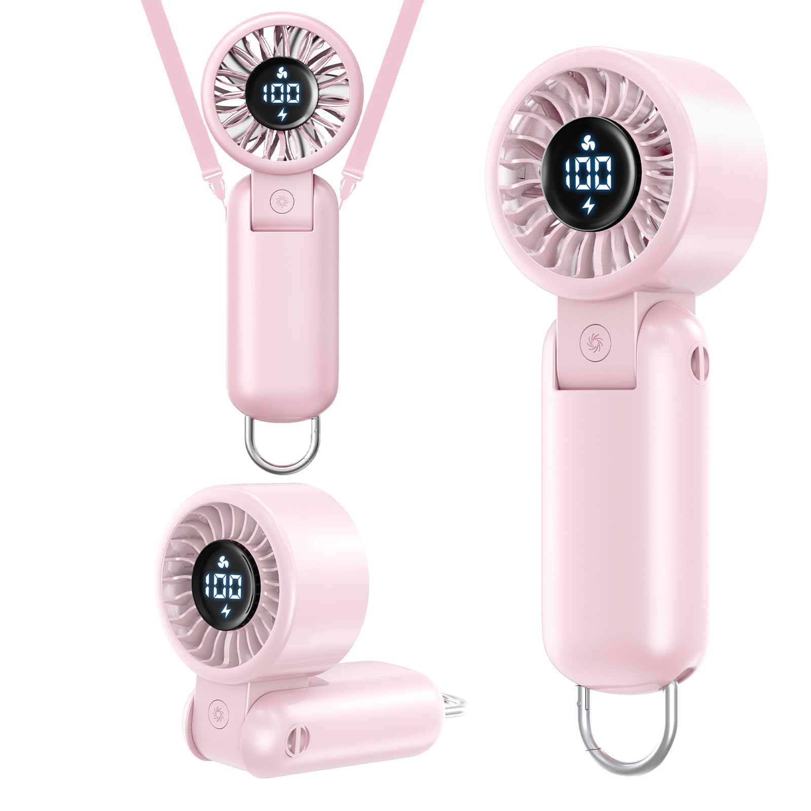 Portable HandHeld Turbo Fan - Foldable Personal Fan with LED Display, 5 Speeds, Lanyard, USB Rechargeable, Strong Airflow, Mini Pocket Fans Gifts for Women/Men, Travel, Vacation, Concerts, Lash, Beach