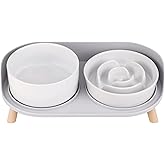 Elevated Slow Feeder Dog Bowls - Ceramic Food and Water Bowl Set with Stand - Raised Pet Dishes for Small and Medium Sized Dogs