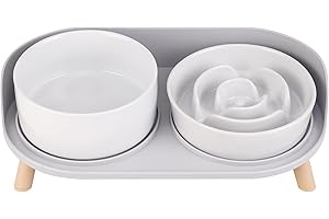 PTOBER Elevated Slow Feeder Dog Bowls - Ceramic Food and Water Bowl Set with Stand - Raised Pet Dishes for Small and Medium Sized Dogs