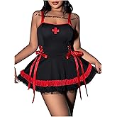 RoseSeek Women's Plus Size 2 Piece Nurse Costumes Sets Color Block Lace Lingerie Dress Roleplay Lingerie Sets