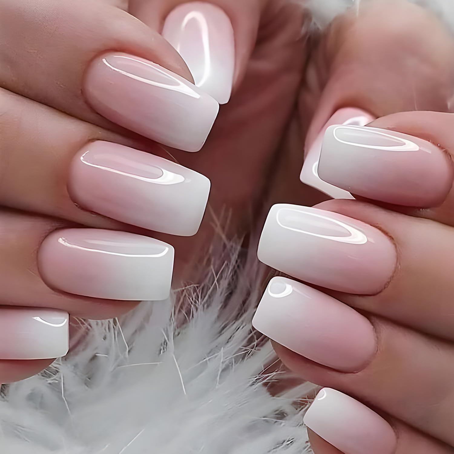 Ombre Press on Nails - Medium Square Pink White Gradient French Tip False Nails, Glossy Full Cover Stick on Acrylic Artificial Reusable Glue on Nails, 24Pcs
