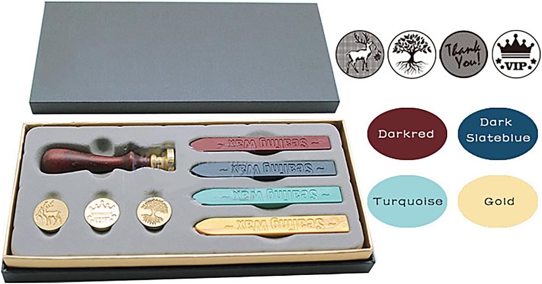Wax Sealing Stamps Set - 1Pcs Wooden Handle,4Pcs Removable Sealing Copper Head and 4Pcs Sealing Wax Sticks - Vintage Classic Brass Seal Stamp Kit with Gift Box