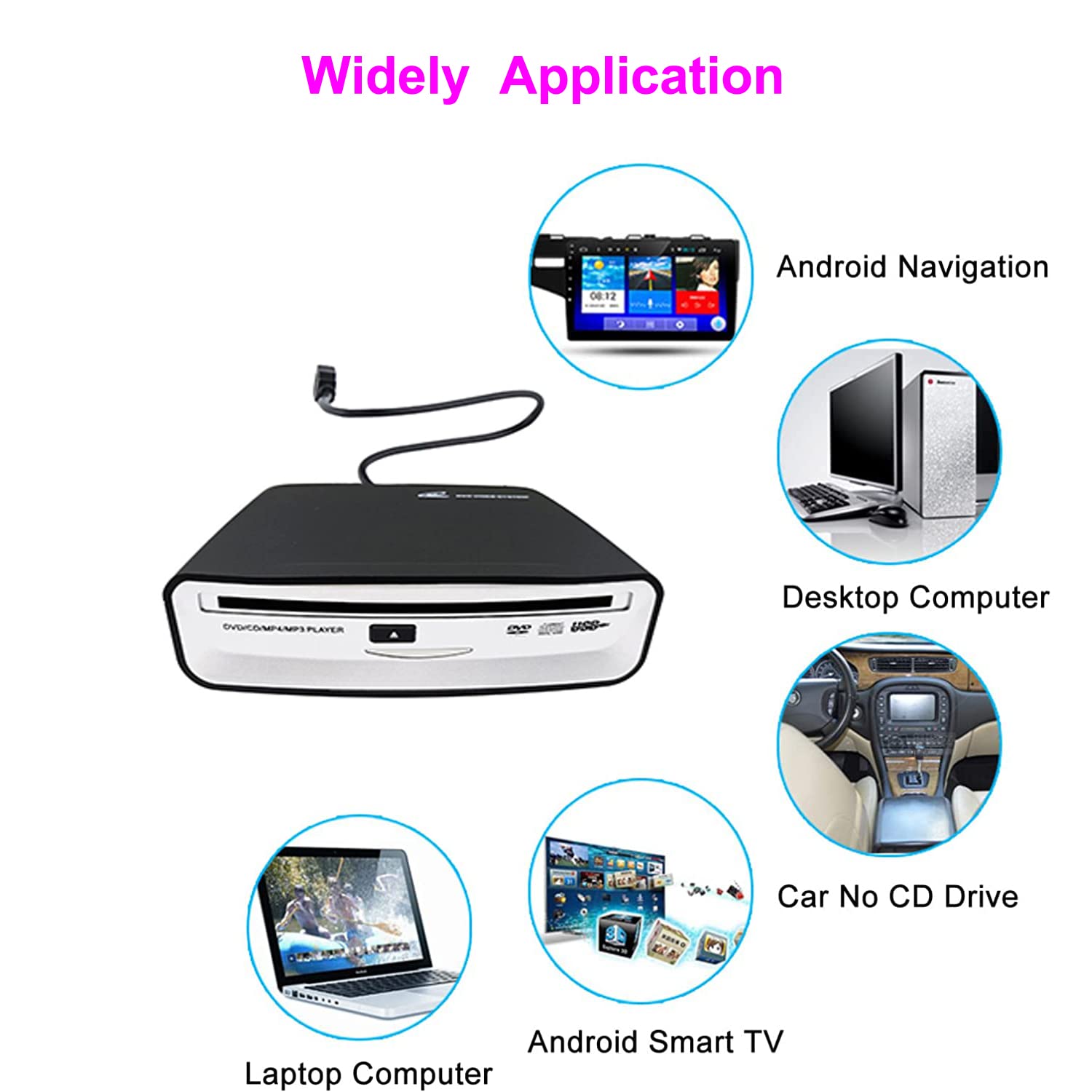 External Car Universal CD Player Machine, Vehicle External USB CD Player for Car Android Navigation-Plug and Play(Android Version 4.4 and Above)