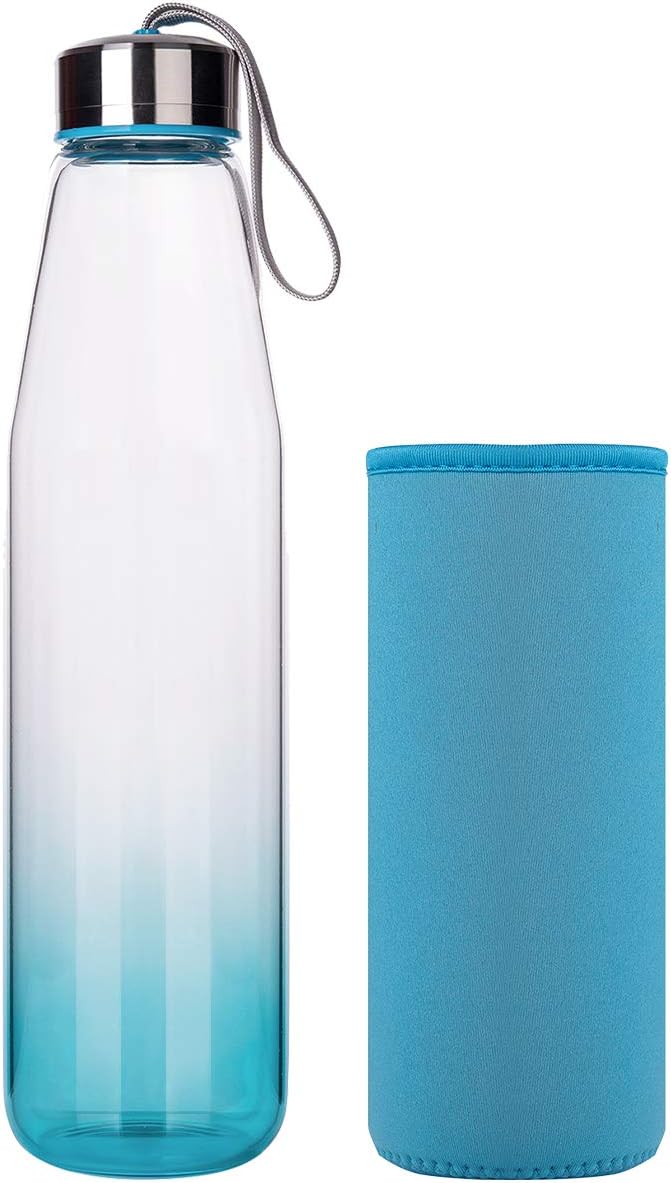 DEARRAY Sport Borosilicate Glass Water Bottle with Neoprene Sleeve and Stylish Stainless Steel Lid 1000ml / 500ml