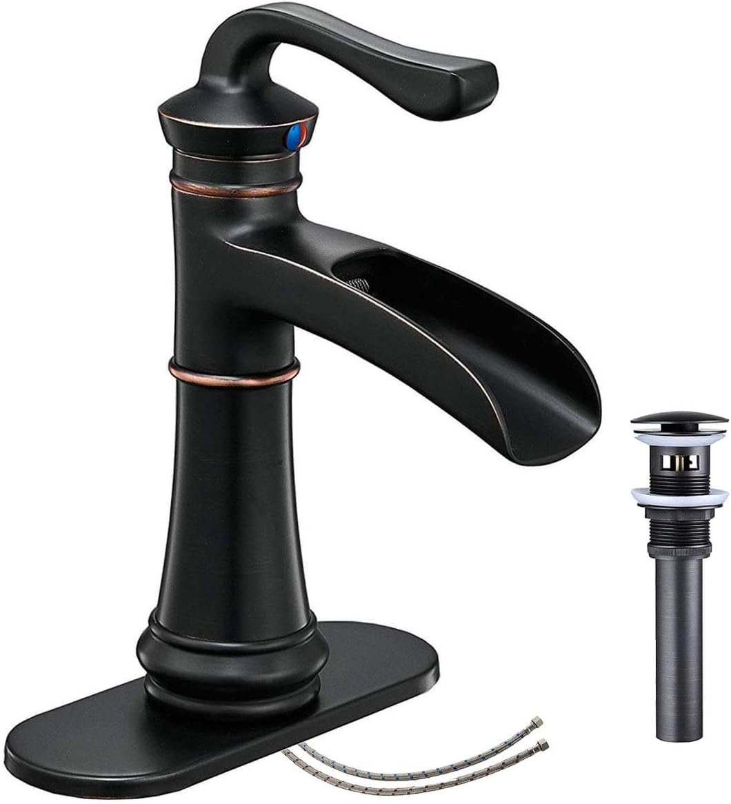 Homevacious Bathroom Faucet Oil Rubbed Bronze Waterfall Sink Single Hole With Pop Up Drain Vanity Lavatory Basin Mixer Tap One Handle With Overflow Supply Line Kitchen Bathroom Fixtures Touch On Faucets