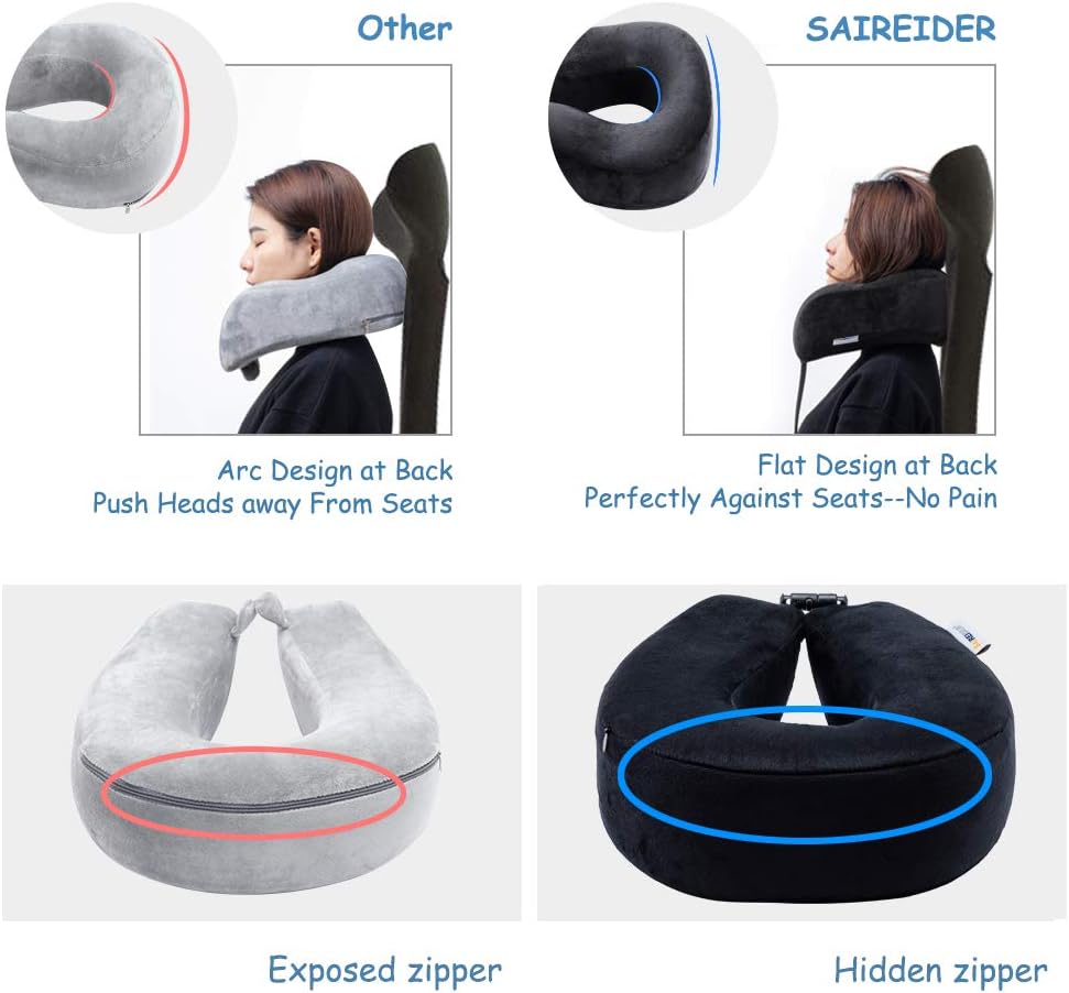 SAIREIDER Travel Neck Pillow for Airplane Sleeping 100% Memory Foam Adjustable Travel Pillows with Storage Bag, Sleep Mask and Earplugs-Prevent The Heads from Falling Forward-Black: Home & Kitchen