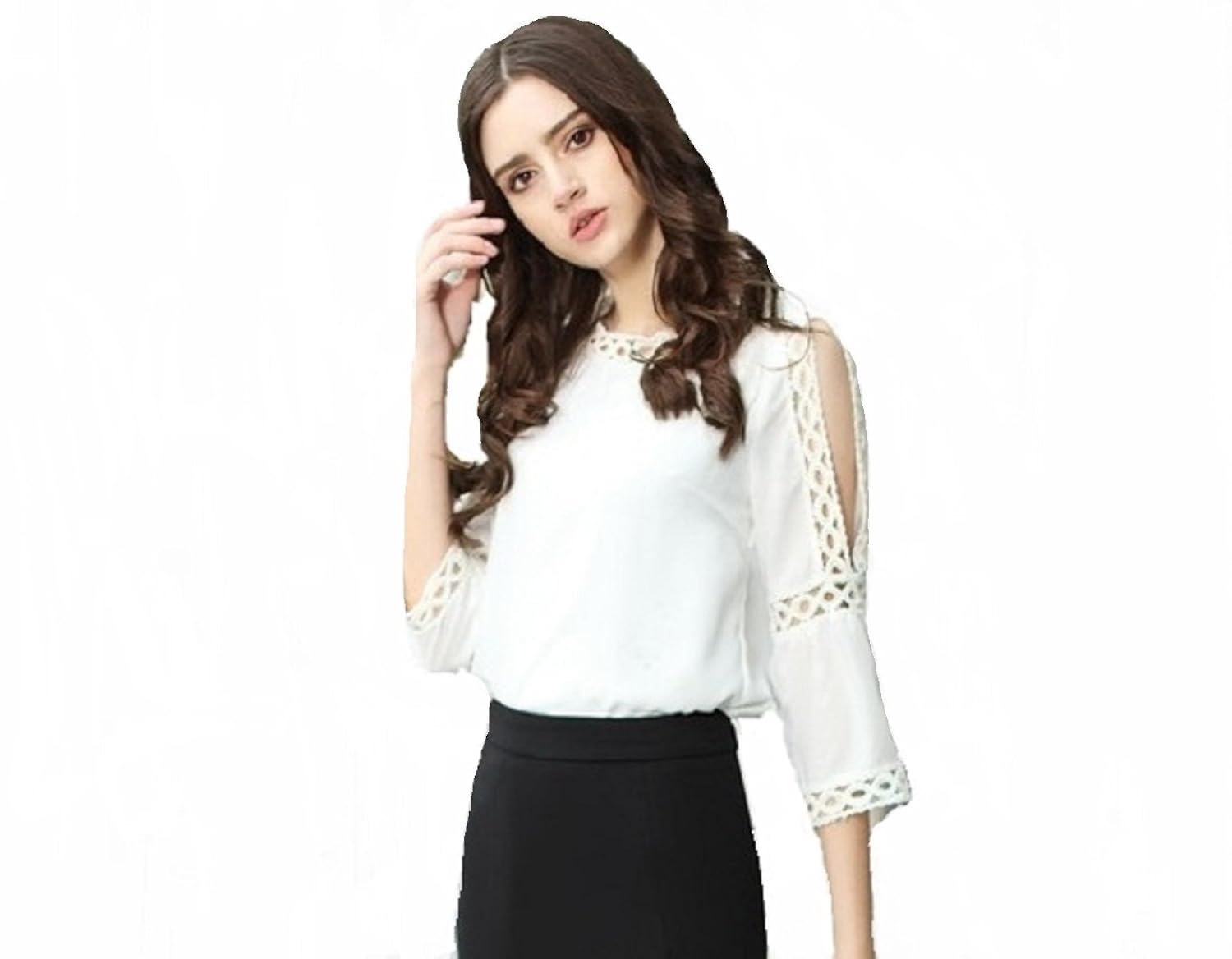 poison ivy women's white rayon blouse round neck lace cut out 3/4 sleeve cold shoulder elegant top