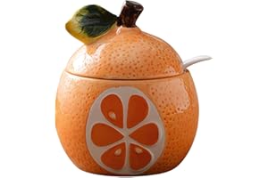 Ceramics Fruit Shaped Sugar Bowl Salt Pot Pepper Storage Jar with Lid and Spoon Seasoning Box Condiment Pots (Orange Pomelo)