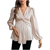 MakeMeChic Women's Maternity Tops Twisted V Neck Lantern Sleeve Peplum Shirts Pregnancy Work Clothes