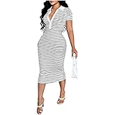 SOLY HUX Women's Summer Striped Collared Work Dress Elegant Short Sleeve Bodycon Midi Ribbed Knit Dresses