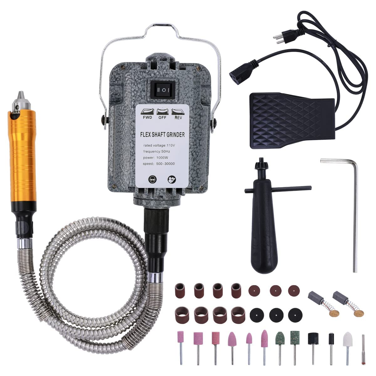 View 1 of 1000W 30000RPM Electric Flex Shaft Rotary Tool Foot Pedal Control Flex Shaft Hanging Grinder Carver Can Forward-Reverse Rotation, Multi-function Kit with Accessories for Carve-Buffing Diy Craft work