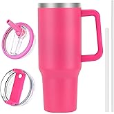 QDXMD 40 oz Tumbler with Handle and Flip Straw Lid, Vacuum Insulated Leak Proof Double Walled Stainless Steel Travel Mug Tumblers, Maintains Cold Ice and Heat for Hours(Hot Pink)