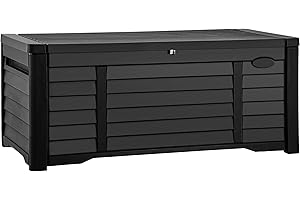 DWVO 120 Gallon Large Deck Box Waterproof Outdoor Storage Box, Extra Large Storage Bin, Resin Louvered Patio Storage for Indoor Pillows, Garden Tools & Pool Supplies, Lockable, Black