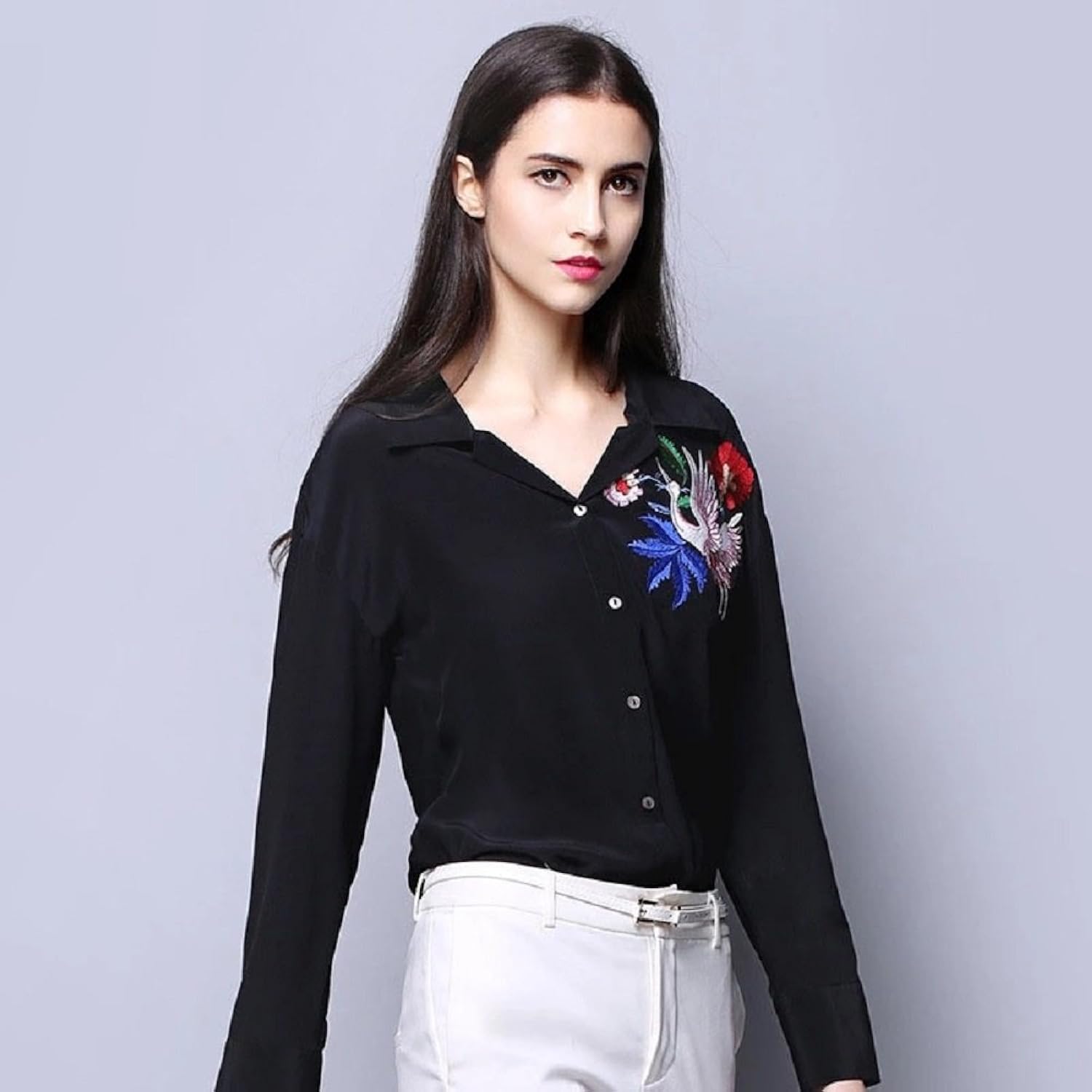 mizago women's casual floral embroidered black/white and solid olive green shirt