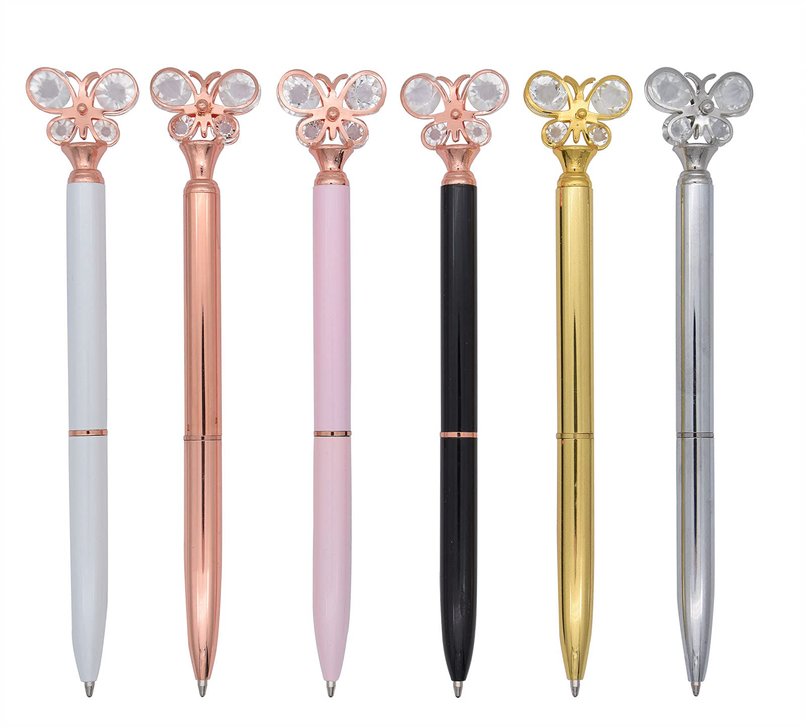 Gullor 6 Pieces Metal Crystal butterfly Retractable Ballpoint Pens for School Office Home Travel Gift Supplies, Multicolor A