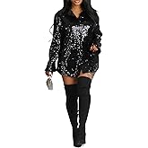 Geulis Womens Sequin Shirt Dresses Sparkly Glitter Button Down Long Sleeve Shirts Tops Blouses Party Club Mini Dress