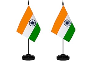 TIBIJOY India Indian Deluxe Desk Flag Set Small Mini Miniature India Indian Table Desktop Flags With Solid Pole, Black Base and Spear Top(2 Pack)