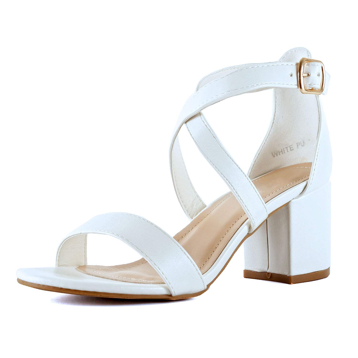 Womens Comfortable Strappy Chunky Block Ankle Strap Open Toe Heeled Sandals (7 M US, Whitev2 Pu)