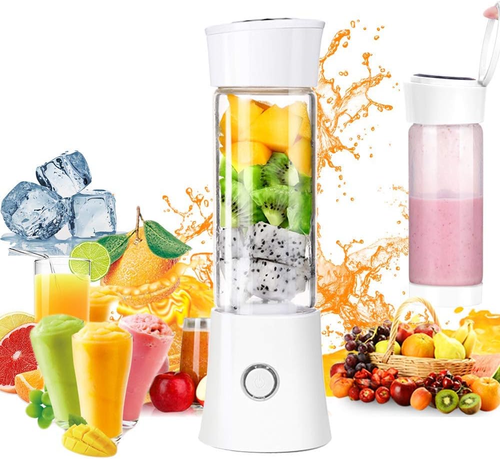 Portable Blender,Household Personal Smoothie Blender Mini Juicer Cup 480ML Fruit Juice Mixer with USB Rechargeable and 6 PCS Stainless Steel Blades for Home Outdoor, CE & FDA Approved (White) (White)