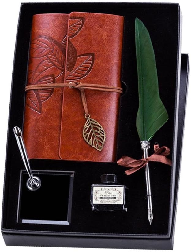 Pawaca Quill Pen,Natural Handcrafted Luxury Quill Pen and Ink Set,Antique Dip Feather Pen Set Calligraphy Pen Set Writing Quill Ink Dip Pen with Notebook Ink Pen Holder,Gift Set. (Tree Green)
