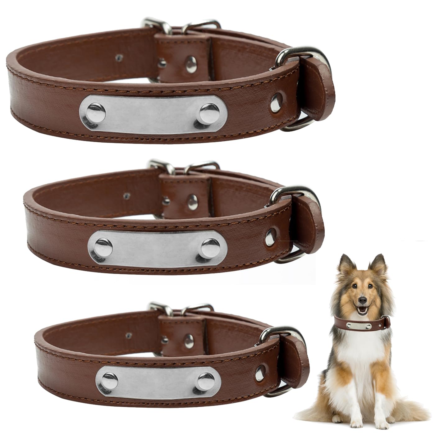 Personalised Leather Dog Collar-MUNSKT, Soft Padded Leather Dog Collars with Custom Engraved Name Plate and with Alloy Buckle Adjustable for Small Medium Large Dogs (Camel) (M)