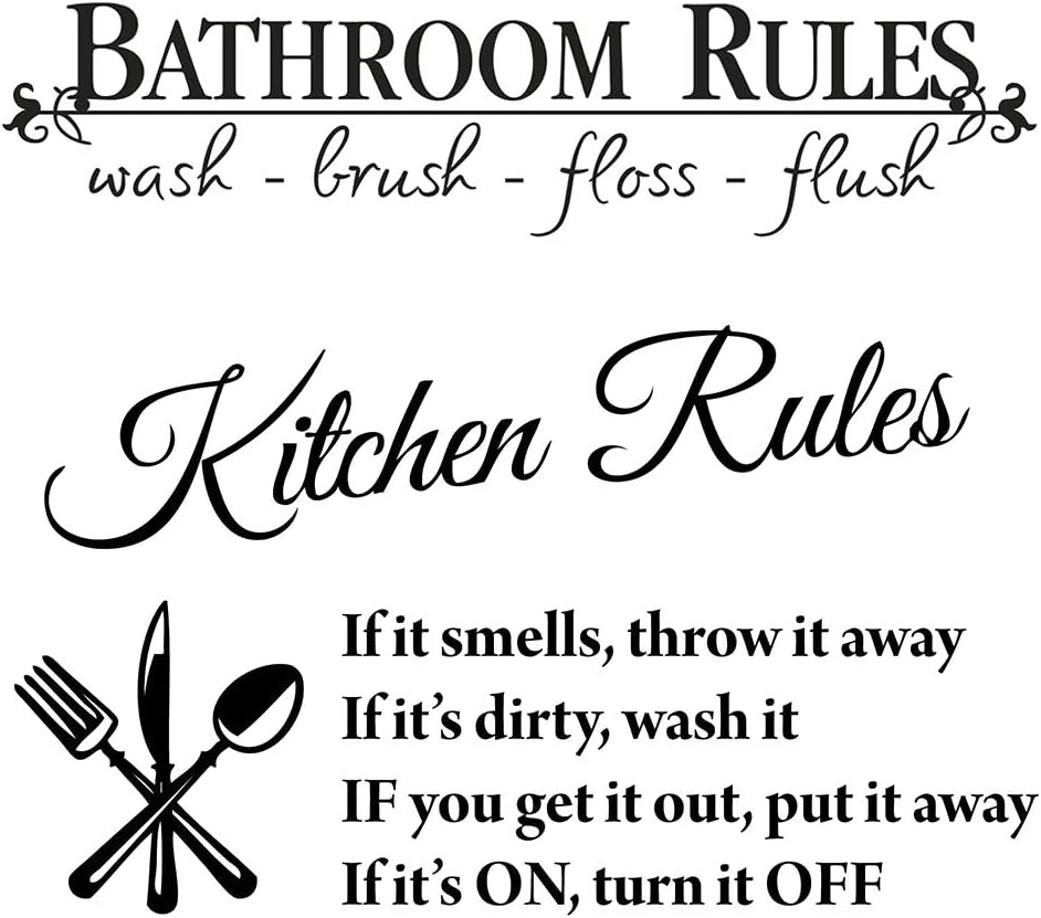 LZYMSZ 6 x 23in Bathroom Decor Rules Wash Brush Floss Flush Stickers and 14 x 24in Kitchen Rules Letters Wall Art Decals, 2 Set Black Vinyl DIY Inspirational Saying Peel and Stick Wallpaper Quote