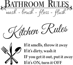 LZYMSZ 6 x 23in Bathroom Decor Rules Wash Brush Floss Flush Stickers and 14 x 24in Kitchen Rules Letters Wall Art Decals, 2 Set Black Vinyl DIY Inspirational Saying Peel and Stick Wallpaper Quote