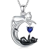 LONAGO White Cat and Black Cat Moon Pendant Necklace Sterling Silver Cat Necklace Jewelry Gift for Women