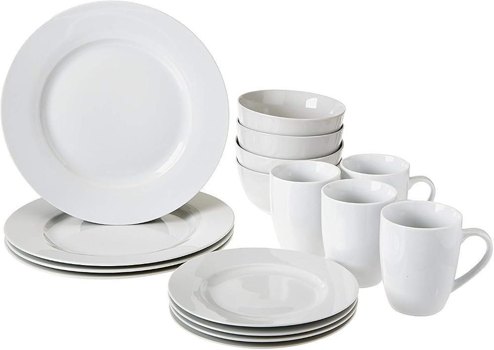Amazon Basics 16-Piece Dinnerware Set for 4 White Porcelain Microwave Safe