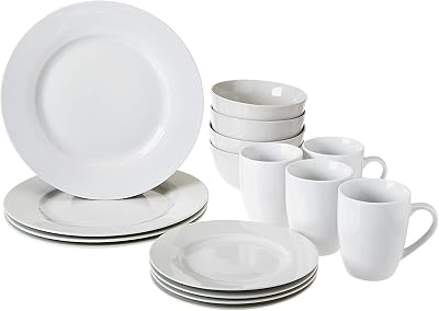 Amazon Basics 16-Piece Dinnerware Set for 4 White Porcelain Microwave Safe