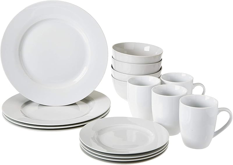 Amazon Basics 16-Piece Dinnerware Set for 4 White Porcelain Microwave Safe