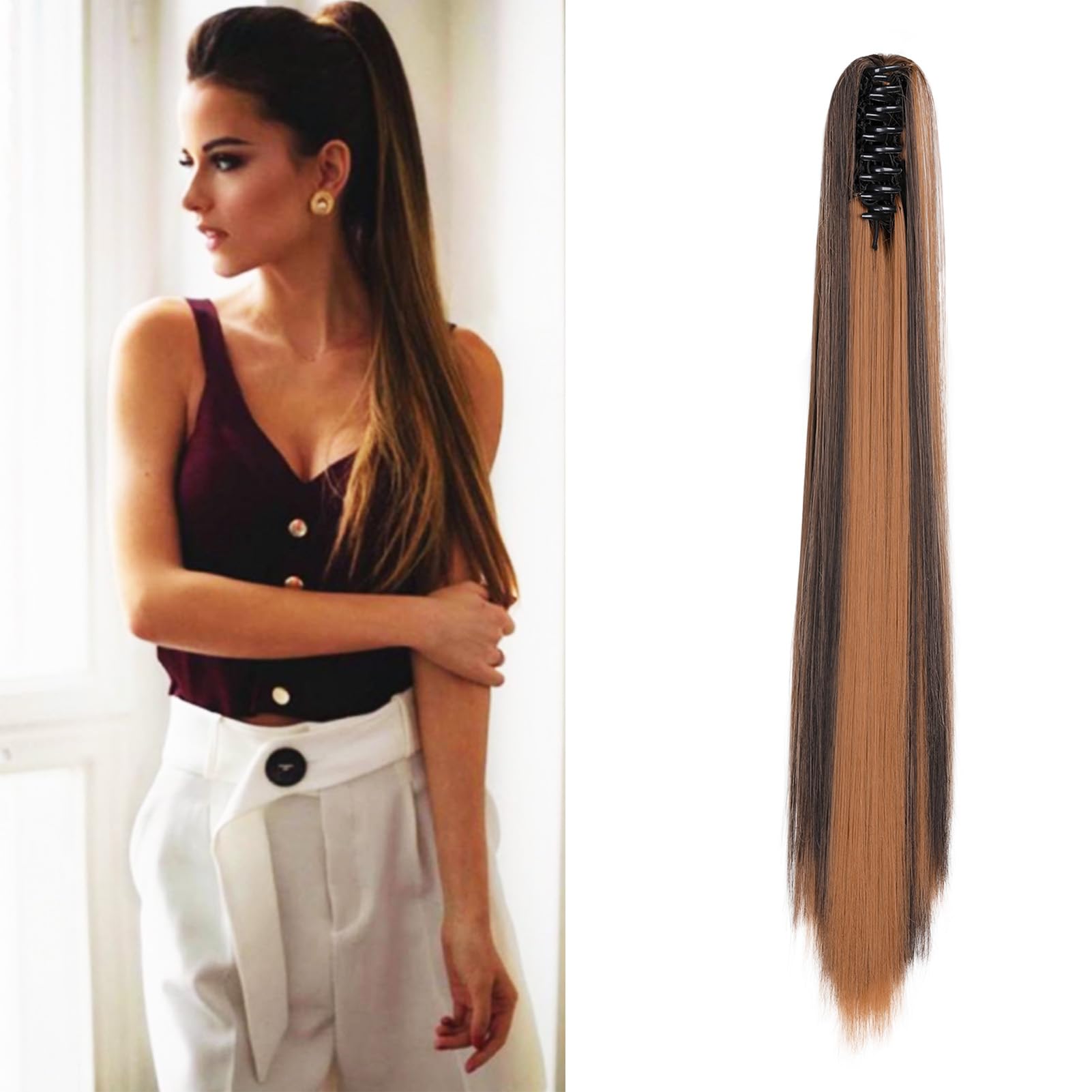 Cybelleza 22inch Ponytail Hair Extensions Ponytail Claw Jaw on Long Straight Pony Tails Clip in Hair Extensions Synthetic Hair pieces for Women (Dark Brown & Light Auburn)