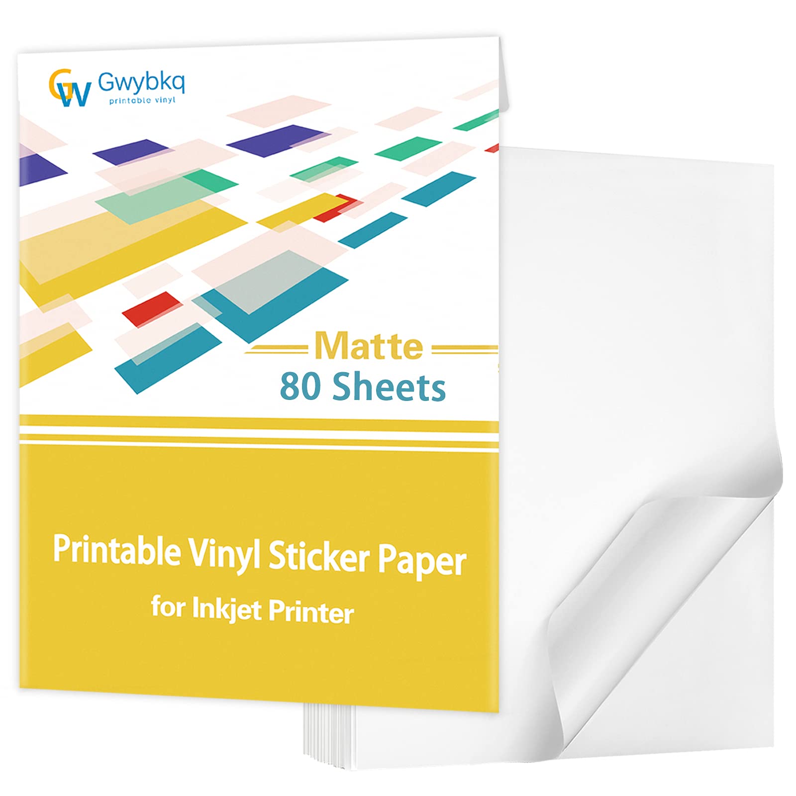 Gwybkq Premium Printable Vinyl Sticker Paper for Inkjet Printer,80 Sheets Matte White Waterproof Decal Paper, 8.5x11 inches,Dries Quickly and Holds Ink Beautifully