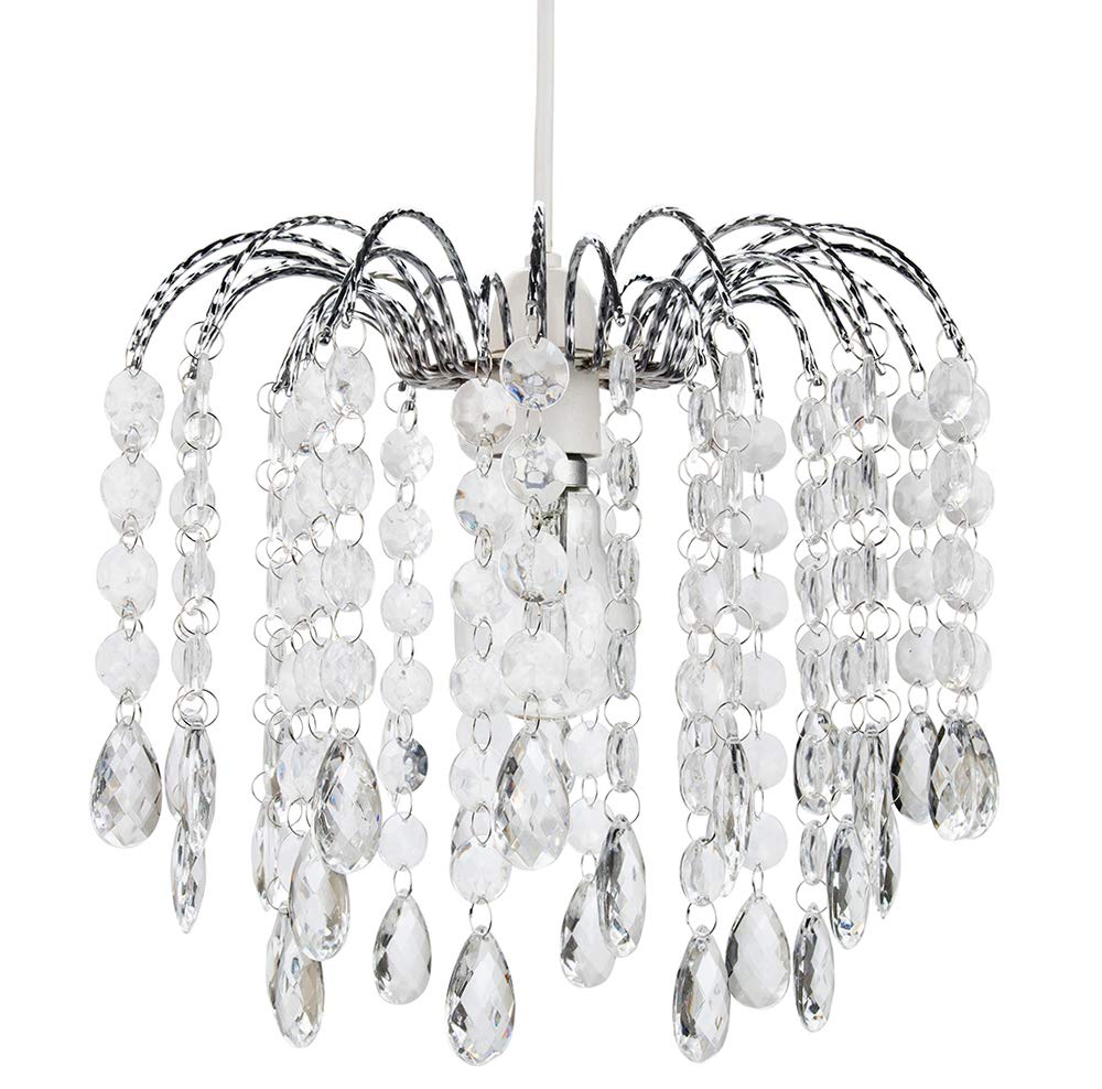 Contemporary Waterfall Designed Pendant Light Shade with Transparent Acrylic Droplets and Beads - Chrome Plated Metal Frame by Happy Homewares