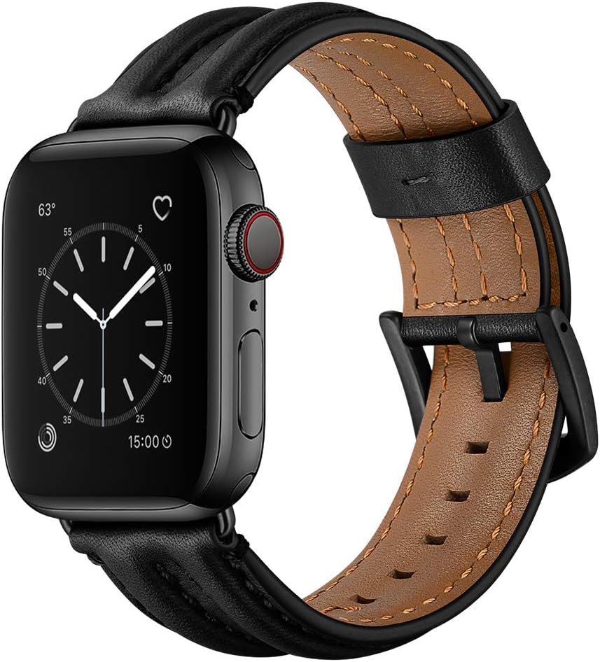 Hepsun Genuine Vintage Leather Sport Bands Compatible with Apple Watch band 42mm 44mm, Sweatproof Genuine Leather Retro Replacement Watch Strap Compatible for iWatch Series 6/5/4/3/2/1/SE Men Women ( 42mm /44mm) (Black)