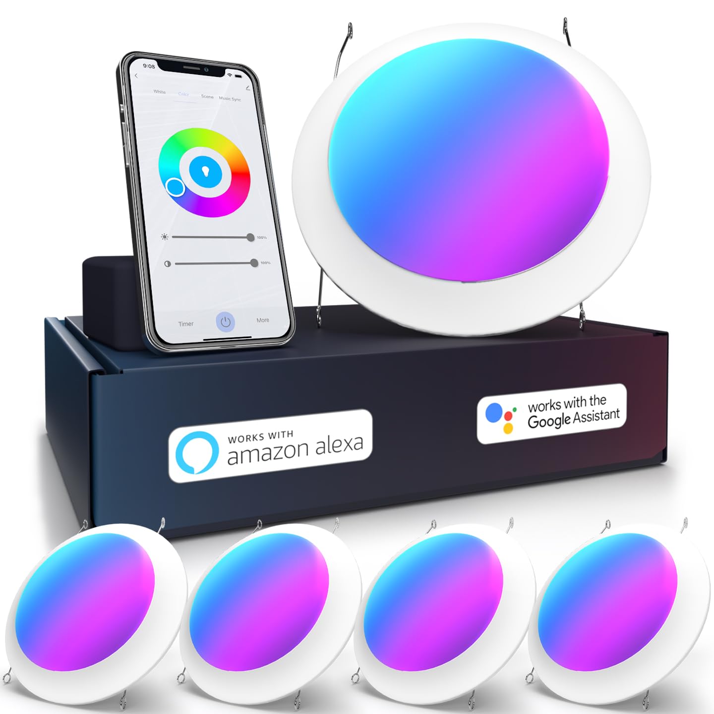 Photo 1 of Sunco 5/6 Inch Smart Disk LED Flush Mount Ceiling Recessed Can Light for Living Room, Bedroom, App Controlled Compatible with Alexa and Google, Dimmable, 15W, RGB+5000K Daylight, 1200 LM ETL 4 Pack