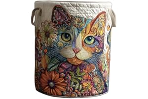Handmade Cat Quilted Laundry Basket – Original Patchwork Fabric Hamper for Stylish Home Storage (A,Small (14" x 18"))