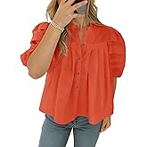 Tankaneo Womens Puff Short Sleeve Button Down Shirts Cotton Pleated Babydoll Blouses Trendy Casual Loose Fit Tops
