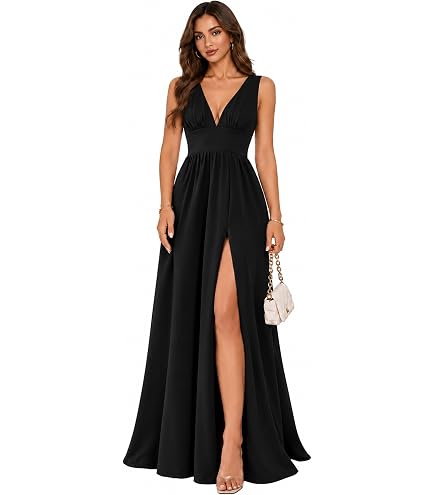 MUSHARE Women's V Neck Sleeveless Split Formal Dress Cocktail Party Prom Long Dresses Black : Clothing, Shoes & Jewelry