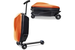 GHSY 20" Scooter Suitcase for Kids, 2-in-1 Ride On Luggage with Wheels for Boys & Girls Ages 4-15, Foldable Hardshell Carry On Lightweight Travel Suitcase for Airplane (No LED, Orange)