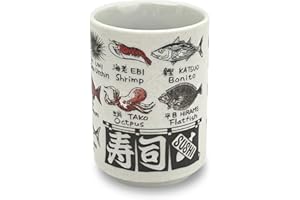 MINO WARE JAPAN -Japanese Unomi-Pottery 9 fl oz, Tea Cup, Mug, Sushi Made in Japan (C3-7 Sakanaeigo)