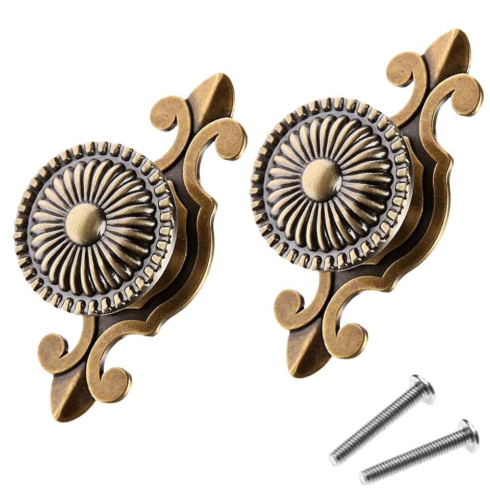 SHONCO 2 Pcs Vintage Cabinet Knobs,Retro Brass Round Drawer Knobs,Cupboard Handles Door Pull Handles with Screws for Wardrobe Furniture(Single Hole)