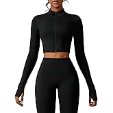 Yknktstc Womens Full Zip Athletic Jacket with Thumbhole Long Sleeve Crop Top Running Workout Yoga Sportswear Shirt