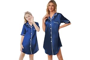 Schbbbta Girls & Women Silk Nightgown, Short Sleeve Button Down Satin Nightshirt Pajama House Dress, 3 Years- Women 2XL