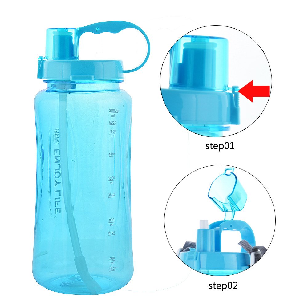 GTI 2L Large Capacity Sports Water Bottle, BPA Free 2 Liter 68 oz Wide Mouth Portable Big Plastic Bottle Leak Proof Space Cup Travel Mugs with Scale Straw Strap