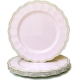 Umisriro Pink Round Charger Plates,13 Inch Metallic Chargers for Dinner Plates, Gold Bead Rim Plastic Chargers For Dining, Wedding, Party, Shower. 6 Pack Decorative Holiday Tabletop Decor