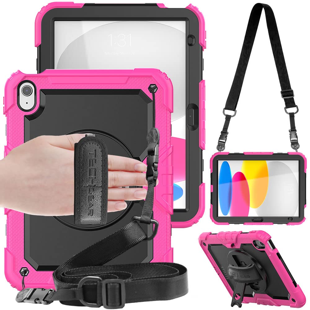 TECHGEAR UTILITY Case for iPad 11" A16 (11th Gen 2025) & 10.9" (10th 2022), Rugged Heavy Duty Shockproof Cover Screen Protection, 360 Stand, Hand & Shoulder Strap - for Work, School, Travel etc - Pink