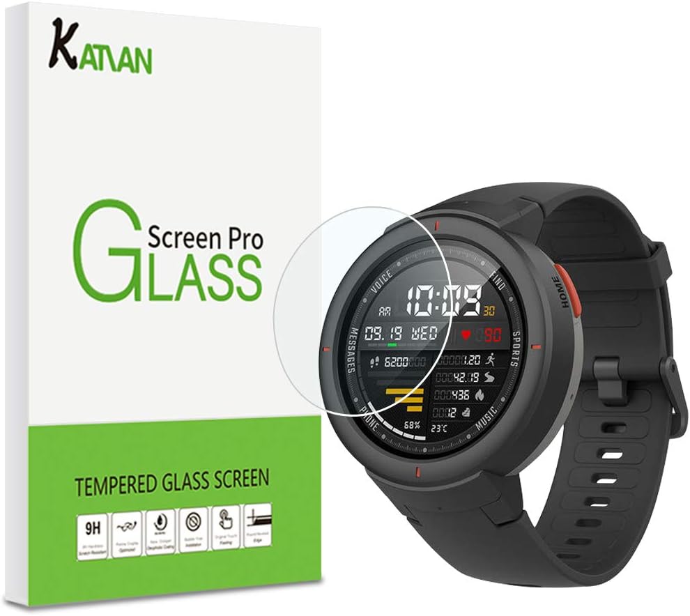 [2 Pack] KATIAN Screen Protector for Amazfit Verge, HD Clear Protector [Anti-Scratch] [No-Bubble] [Case-Friendly], 9H Hardness Tempered Glass Screen Film for Google Amazfit Verge